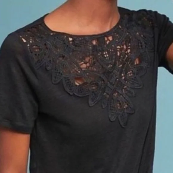NWT Anthropologie James Coviello Lace Linen Top Black - Picture 11 of 11